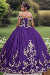 Exquisite Dark Purple Quinceanera Dress Off-Shoulder Ball Gown with Gold Flower Appliques & Lace-Up Corset for Sweet 16 or Birthday Celebrations